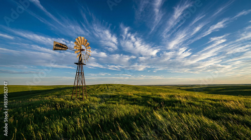 Windmill: Blue Sky Sunset over Golden Country Pump Wind Turbine for Sustainable Agriculture and Green Energy Production in Rural Countryside
