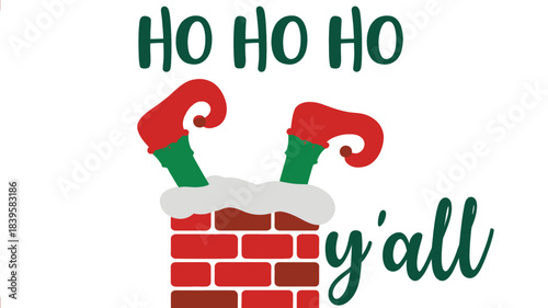 Whimsical christmas illustration featuring a playful silhouette of santa s elf legs sticking out of a brick chimney with snow and the text ho ho ho y all silhouette