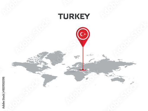 Turkey Location Pin on World Map with Flag in Pin's Body