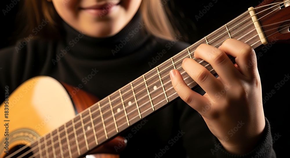 Fototapeta premium Close-up of a Young Person's Hands Playing an Acoustic Guitar with a Smile