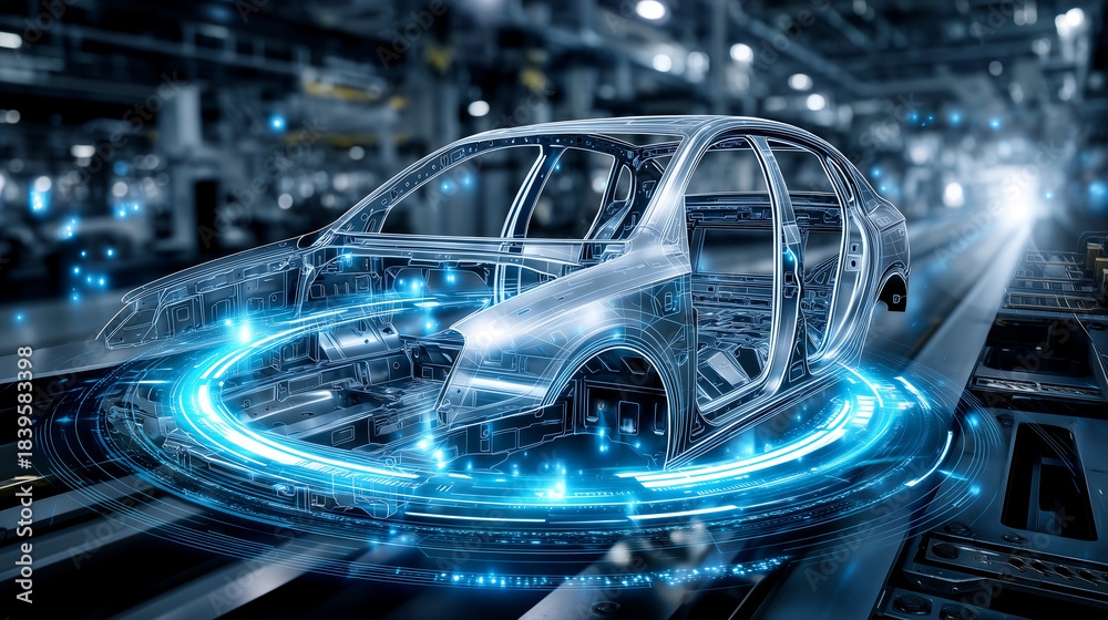 Fototapeta premium Revolutionizing Vehicle Production with Advanced Tech: Explore how technicians use advanced manufacturing technologies, including digital twin and smart production systems, to opti
