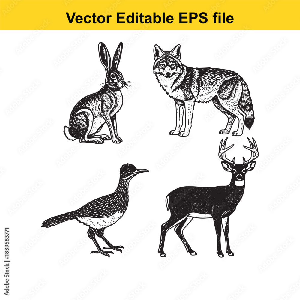 Obraz premium vector illustration of a group of animals including a rabbit, wolf, bird, and deer in black and white