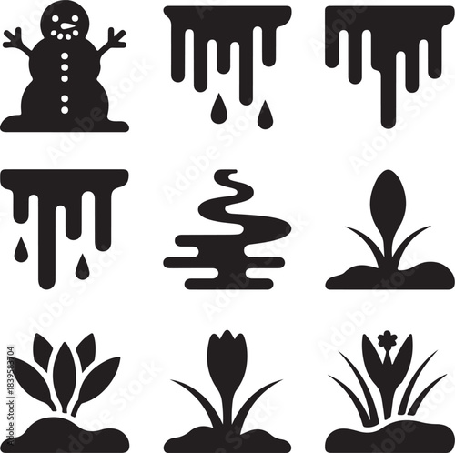Spring thaw, melting snow, nature rebirth, snowman melt, season change, water drip, flower bloom, icicle drops, warming weather, environmental shift