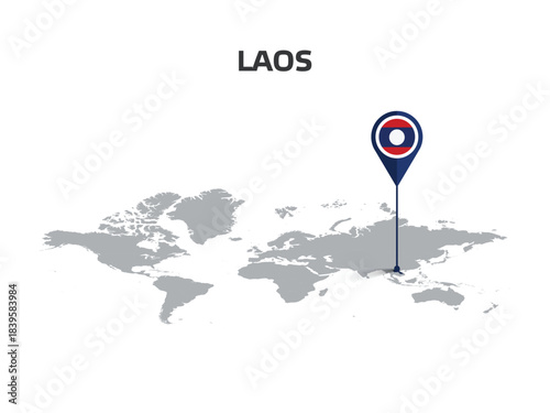 LAOS Location Pin on World Map with Flag in Pin's Body