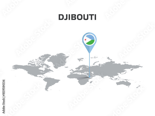 DJIBOUTI Location Pin on World Map with Flag in Pin's Body