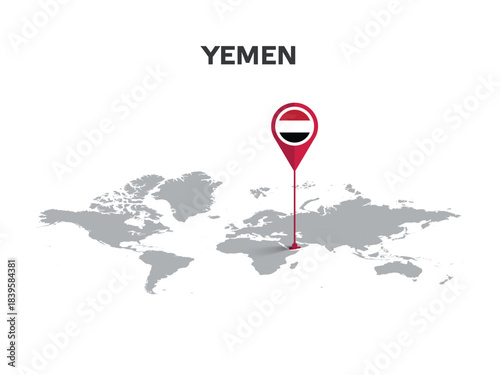YEMEN Location Pin on World Map with Flag in Pin's Body