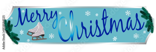 Ice skate decorated with pine branches, holly and festive ribbon. Ideal for holiday cards and winter season graphics.