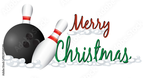 Bowling pins and ball decorated with pine, holly and ribbon. Ideal for holiday cards, winter graphics and Christmas sport themes.