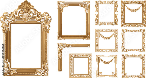 Vintage collection of golden antique picture frames on a wall