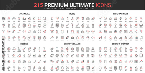 Multimedia content creation, music and entertainment thin line red black icons set vector illustration. Abstract symbols of hobby activity and computer games, sport simple design mobile and web apps