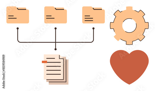 Three folders connected to documents by lines, gear representing process and heart for passion. Ideal for productivity, workflow, organization, teamwork, document management, efficiency, simple flat