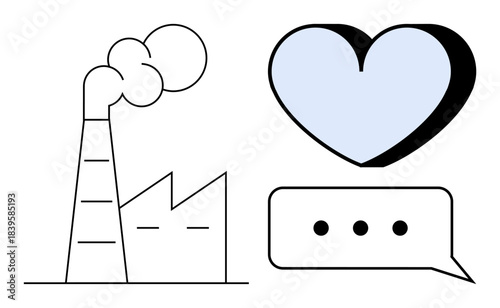 Environmental awareness, industrial emissions, eco-friendliness, climate change discourse, sustainability, human impact. Factory emitting smoke, heart and chat bubble. Environmental awareness