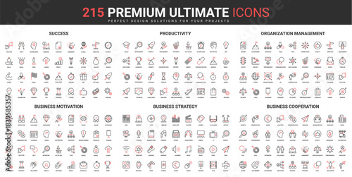 Bussines success of organization management thin line red black icons set vector illustration. Abstract symbols productivity, motivation and cooperation of employees simple design for mobile web apps
