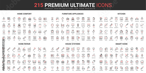House systems for comfort, smart home thin line red black icons set vector illustration. Abstract symbols modern furniture and kitchen appliances, repair equipment simple design for mobile, web apps