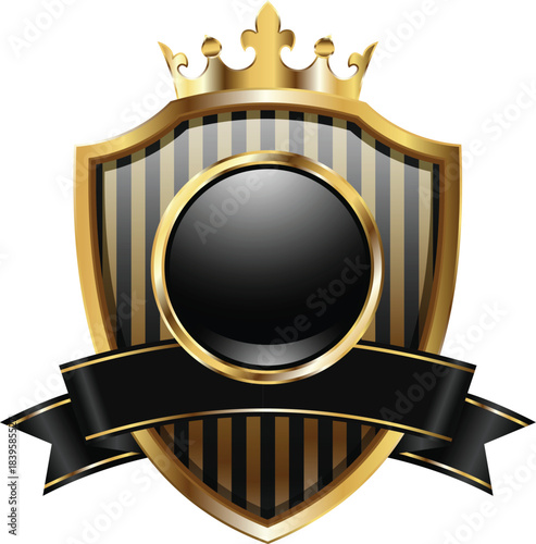 Royal Shield Badge with Crown and Ribbon – Luxury Golden Emblem Design – Vector Illustration