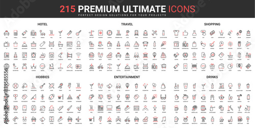 Travel, entertainment event and shopping, bar drinks thin line red black icons set vector illustration. Abstract symbols of retail shop and hotel hospitality, hobby simple design for mobile, web apps
