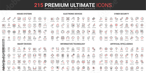 Smart home systems and devices, AI information technology thin line red black icons set vector illustration. Abstract symbols of artificial intelligence, cyber security simple design mobile web apps