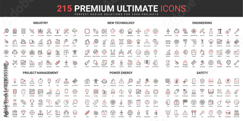 Industry and engineering, new technology, safety thin line red black icons set vector illustration. Abstract symbols business project management, power energy factory simple design for mobile, web app