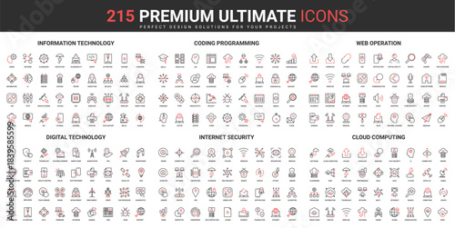Web coding, programming and internet security thin line red black icons set vector illustration. Abstract symbols information, digital technology, cloud computing simple design for mobile and web apps