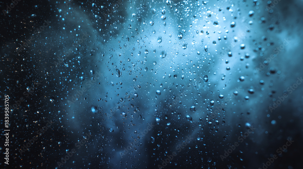 Fototapeta premium A moody, atmospheric image of raindrops cascading down a window, with a view of steam