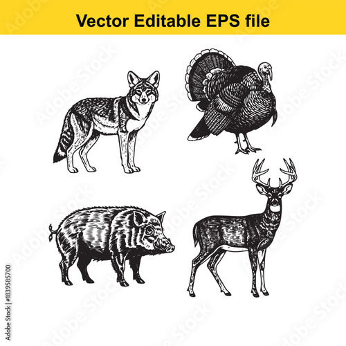  vector illustration of a wolf, turkey, boar, and deer in editable eps format for graphic design projects