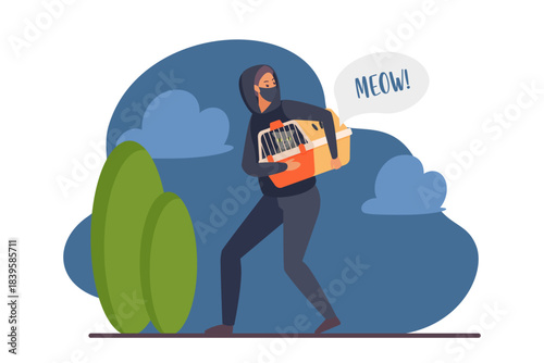 Thief stealing pet vector illustration. Cartoon male burglar character in disguise mask on face and hoodie holding plastic carrier box with stolen cat inside to steal, Meow word in speech bubble