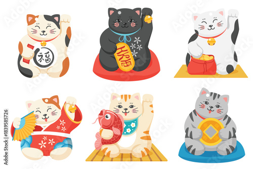 Maneki neko, Japanese lucky cats set vector illustration. Cartoon isolated cute fat kitty characters in collars holding bag of money and golden coin, fish and bell, good luck and fortune Asian symbols