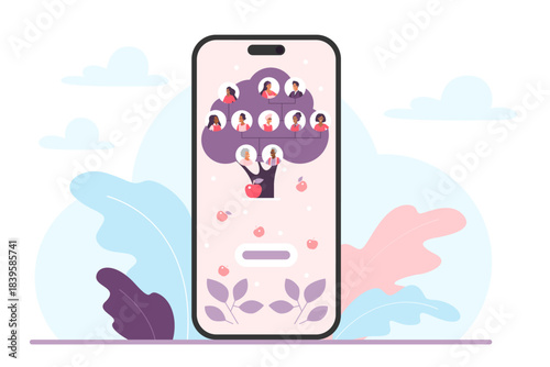 Family tree, genealogy mobile app vector illustration. Cartoon phone with pedigree chart on screen, portraits icons of grandparents, parents and kids to study history of generations and legacy