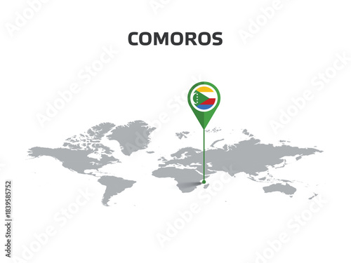 COMOROS Location Pin on World Map with Flag in Pin's Body
