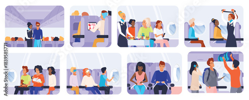 Passengers travel by plane vector illustration, featuring isolated cartoon scenes of people seated inside an airplane cabin, with the stewardess and crew offering service and airline instructions.