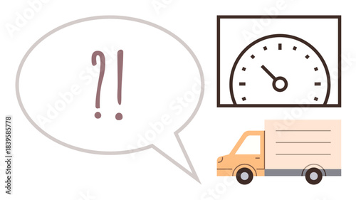 Delivery truck beside speed gauge and a speech bubble with question marks. Ideal for logistics, speed tracking, supply chain management, timing issues, transportation, decision-making