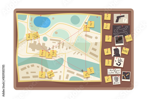 Detective board with crime evidences vector illustration. Cartoon pinboard of investigator with laboratory fingerprints of criminal, map with string, photo and document over buttons for crime research