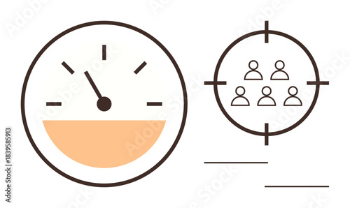 Gauge with needle indicating measurement and target with group of people inside crosshairs. Ideal for strategy, performance, precision, analytics, efficiency, goals, and success. Simple flat metaphor