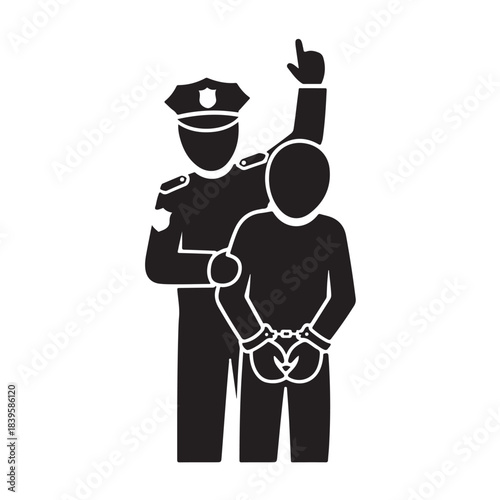 Police officer arresting suspect in minimalist black silhouette with white outline and plain white background for law enforcement illustration