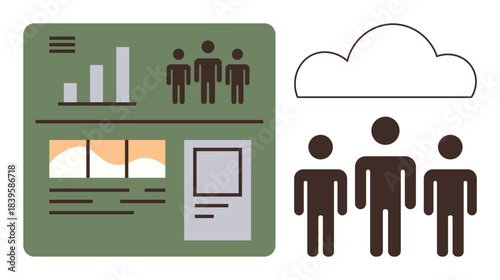 Business dashboard with analytics, graphs, and team icons connected to cloud. Ideal for teamwork, data analysis, cloud computing, collaboration, business strategy, communication simple flat metaphor