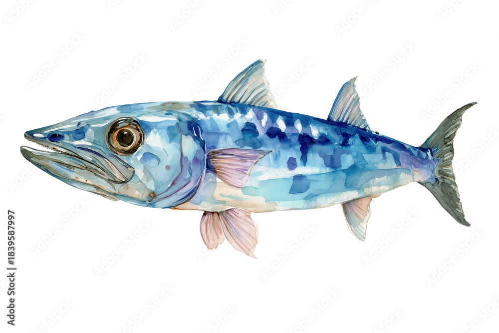 Fototapeta premium Blue and Silver Pompano hand drawn watercolor fish painting