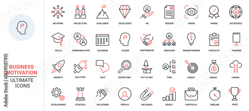 Red black thin line icons set for business challenge and motivation for career growth, professional ambitions and risks, success leadership and launch finance projects vector illustration.