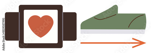 Fitness band displaying heart icon paired with green athletic shoe and arrow symbol. Ideal for wellness, fitness, heart health, sports, running, activity tracking, motivation. Simple flat metaphor