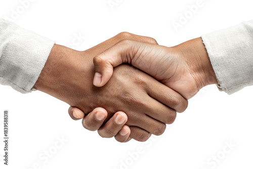 Two hands shaking with white textured sleeves