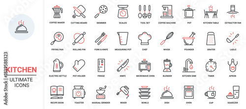 Coffee machine and hood, symbols of restaurant or home equipment tools for cooking, scales microwave, chefs apron and recipe book. Kitchen trendy red black thin line icons set vector illustration.