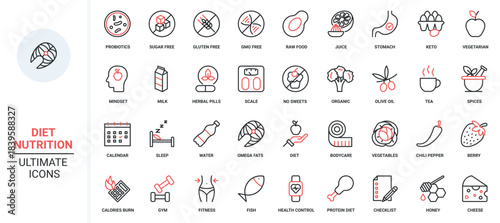 Nutrition trendy red black thin line icons set vector illustration. Diet sport in gym to slim, balance detox with water, healthy menu without sugar, GMO and gluten free, fresh vegetarian vitamin food.