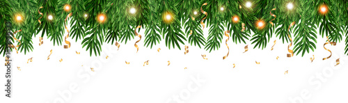 Seamless decorative vector Christmas border featuring coniferous green branches, golden streamers, garlands of Christmas lights, and falling confetti on a transparent background