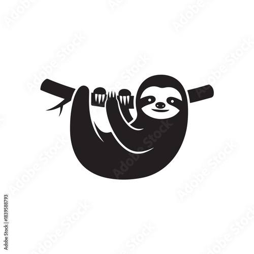 Cute smiling sloth cartoon illustration black and white silhouette