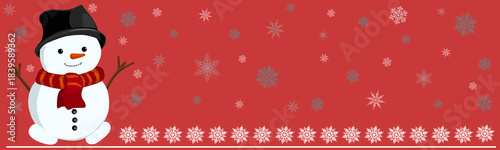  A cheerful snowman on a background with snowflakes. New Year's illustration. A holiday banner.