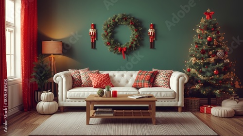 Warm holiday living room with a white sofa, wooden table, Christmas cushions, and nutcracker decorations against a green wall.