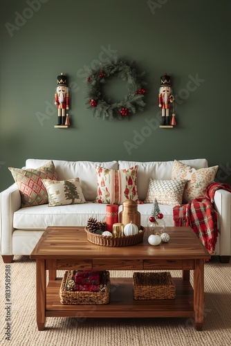Warm holiday living room with a white sofa, wooden table, Christmas cushions, and nutcracker decorations against a green wall.