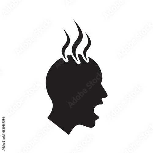 Steaming head silhouette simple black icon illustration isolated on white background for psychology stress and mental health concepts
