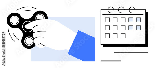 Hand using fidget spinner beside calendar with marked dates. Ideal for focus, stress relief, time management, scheduling, prioritization, mindfulness, productivity. Simple flat metaphor