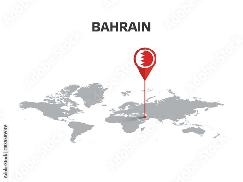 BAHRAIN Location Pin on World Map with Flag in Pin's Body