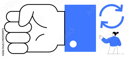 Communication, teamwork, collaboration, decision-making, operations, workflow. A hand fist, circular arrows indicating repetition and a woman pointing. Communication and teamwork concept